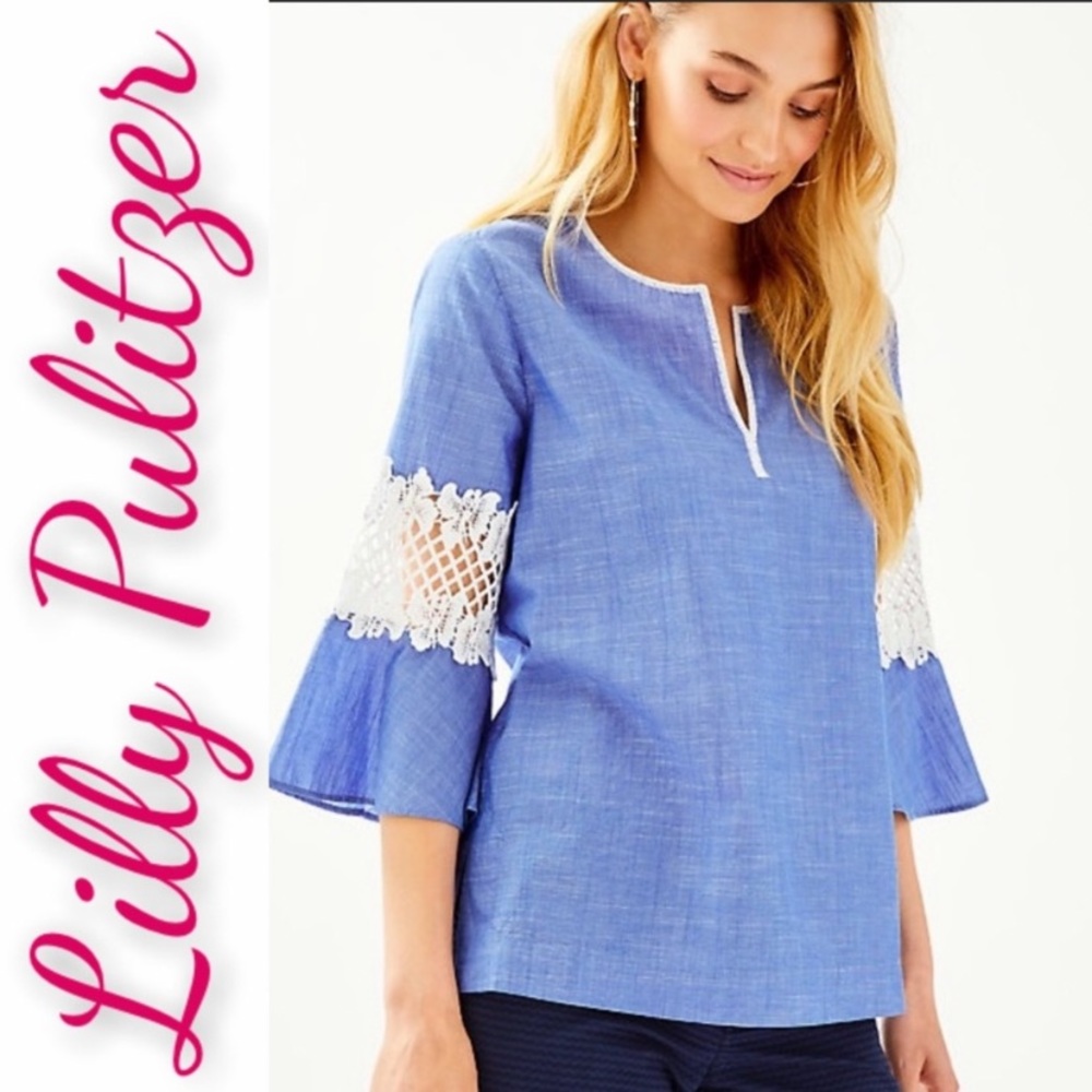 Blue chambray off the shoulder top